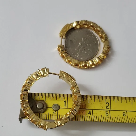 Sterling Silver 925 Citrine Paved Inside Out Gold Hoop Earrings - Picture 3 of 5